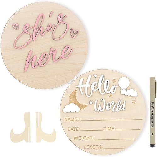 2PCS Hello World Newborn Sign and she's here, Gender Reveal Welcome baby Announcement Sign Board Wooden Birth Name Announcement Plaque and Pen for Baby Shower Photo Props Hospital Nursery