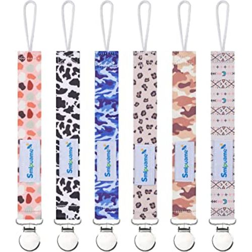 Smlpuame Pacifier Clip for Baby Boys Girl,6 Pack Stylish Binky Clips Strap,Paci Holder with Metal Clips Universal Lightweight Fits Most Pacifiers Teeher Toy,Baby Gifts(Boho & Leopard & Camo)