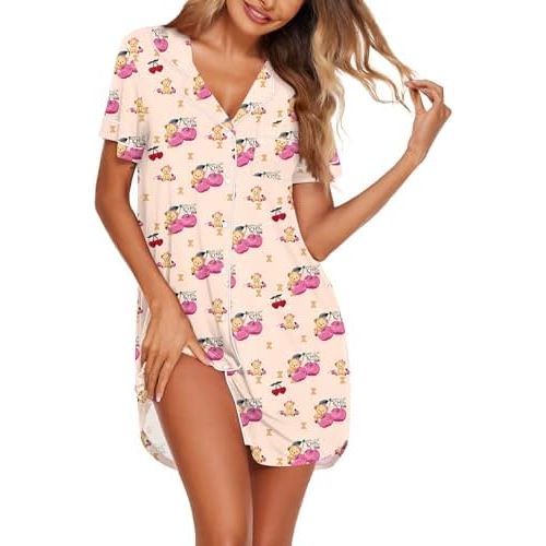 Ekouaer Nightgowns for Women Button Down Sleepshirt Short Sleeve Nightshirt Boyfriend Pajamas V Neck Nightdress S-XXXL