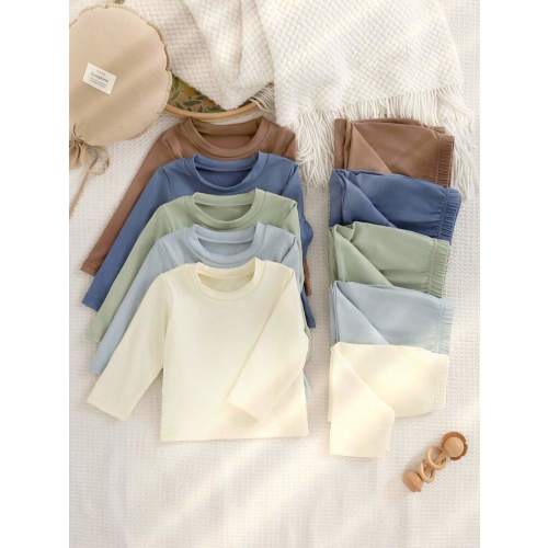 SHEIN Playful Pals 2pcs/Set Baby Boys' Casual Solid Color Round Neck Long Sleeve T-Shirt And Pants Set, 5 Packs, Suitable For Spring, Autumn And Winter | SHEIN USA