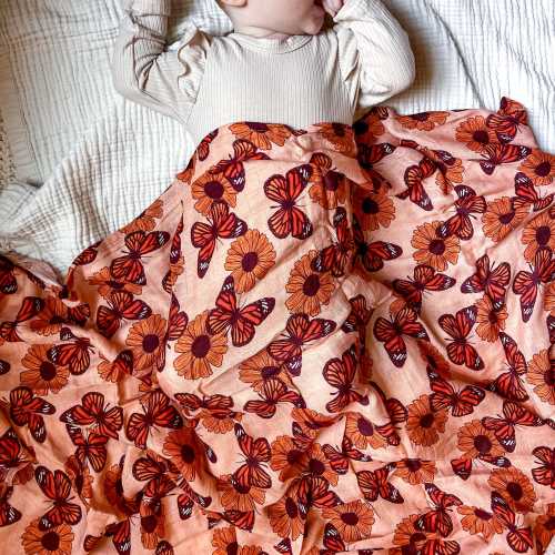 Butterfly Baby Swaddle Blanket: Bamboo Cotton Blend, Floral Print