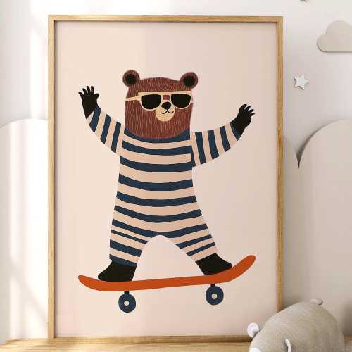 Skater Bear Nursery Art Print: Playful Kid's Room Decor (Digital Download)