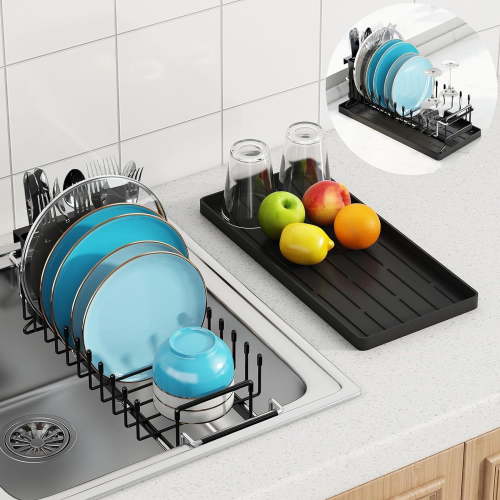 Aoumiatefol Expandable Over Sink Dish Drying Rack Black with Silicone Drying Tray and Detachable Utensil Holder