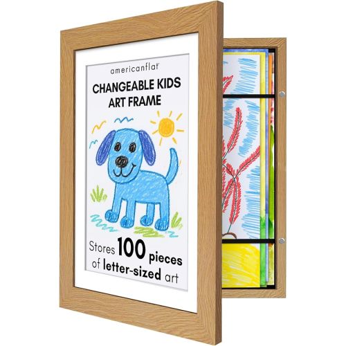 Americanflat Kids Artwork Frame Changeable (Dark Oak) - Magnetic Door Holds 100 Art Pieces - 8.5x11 Letter Size Display with Mat or 10x12.5 Without Mat - My Mini Masterpiece
