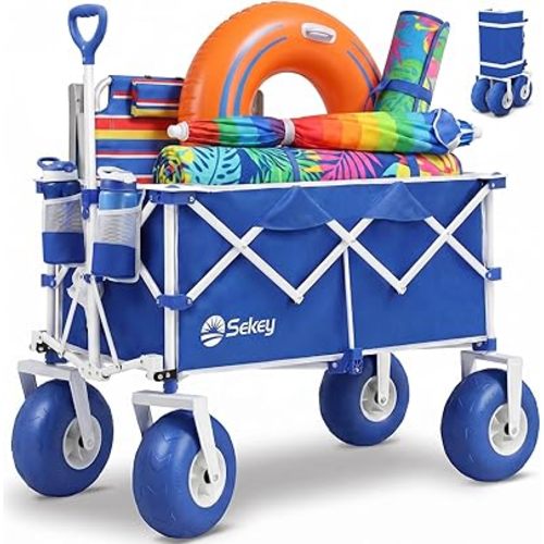 Sekey Heavy Duty Beach Wagon with 9" Big Sand-Proof Wheels – 600lb Capacity, 200L Oversized Foldable Cart | Adjustable Handle & All-Terrain Tires for Sand, Camping, Groceries