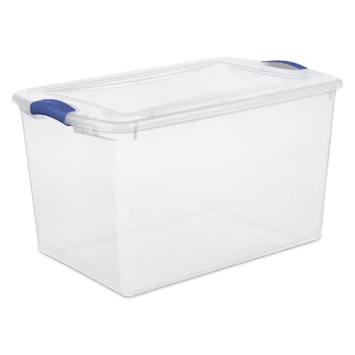 Large Storage Bin, 66 Quart Clear Plastic Storage Container with Latch Lid, Blue Latch