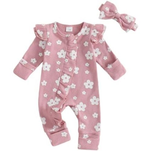 Infant Baby Girl Fall Outfit Sweatshirt Romper Floral Print Long Sleeve Jumpsuit Newborn Waffle Clothes