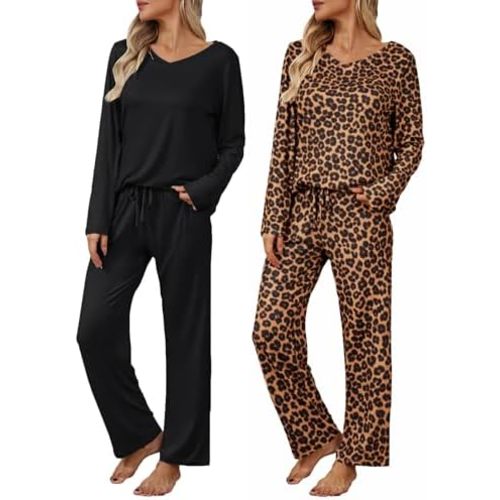 Ekouaer Women's 2 Pack Long Sleeve Pajama Sets V Neck Lounge Sets
