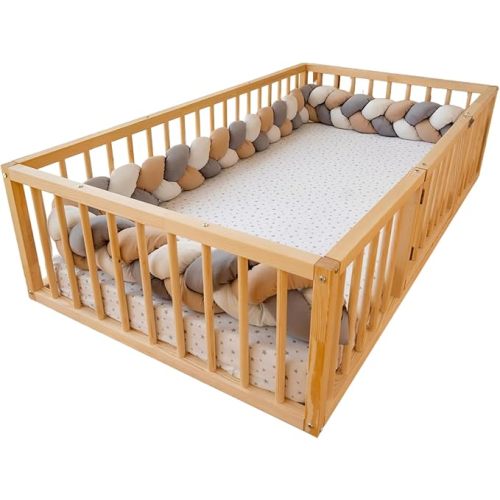 Montessori Floor Bed with Door for Toddler 39.4'' x 75.2'' Twin Size | Pine Wood Natural Solid Frame Beds Door in The Middle | Sturdy Design Floor Bed Frame Boy and Girls (Twin, Height : 23.6 Inches)