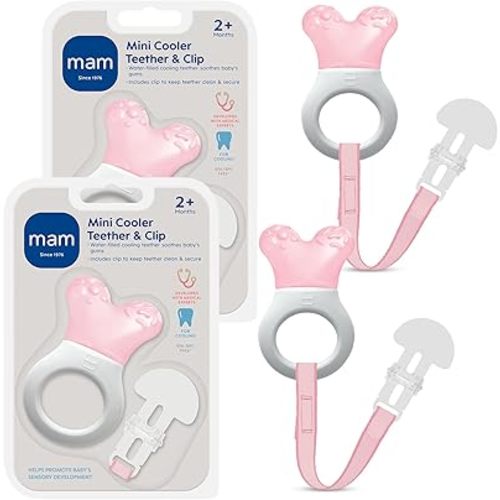 MAM Mini Cooler Baby Teether with Clip (2 Pack) – Cooling Teething Rings for Teething Relief, Lightweight Easy-Grip Design, Reaches Back Teeth, Refrigerator Safe Infant Teething Toy