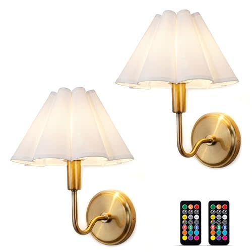 Gold Wireless Sconces Set of 2 with Linen Scalloped Shade, Battery Operated Wall Sconces with Remote and Dimmable Bulb, Luxury Rechargable Wall Lights for Bedroom Livingroom Bathroom (White Linen)