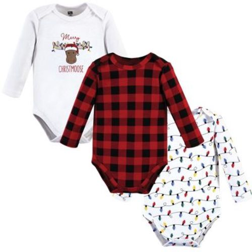 Hudson Baby Basics Infant Baby Essential Long Sleeve Bodysuits 3-Pack, Holiday Woodland, 0-3 Months