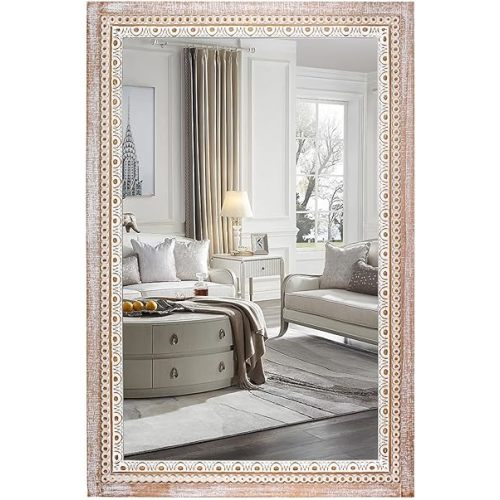 36x24 Inch Wooden Rectangle Bathroom Mirror with Beaded Frame, Rustic Farmhouse Decorative Wall Mirrors for Over Sink, Living Room, Entryway (Horizontal/Vertical Mounting)