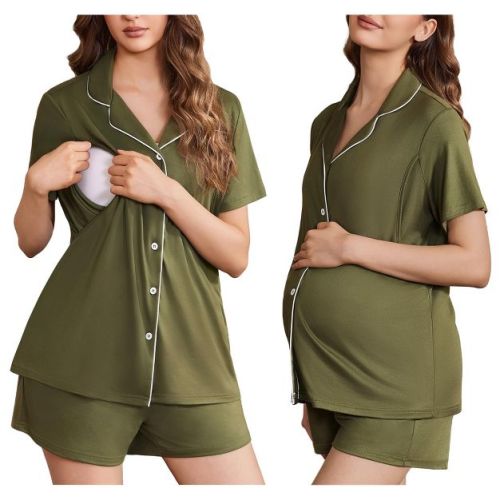 Ekouaer Women's Maternity Nursing Pajama Sets Button Down Postpartum Pajamas Short Sleeve Breastfeeding Clothes&nbsp;Army Green&nbsp;M