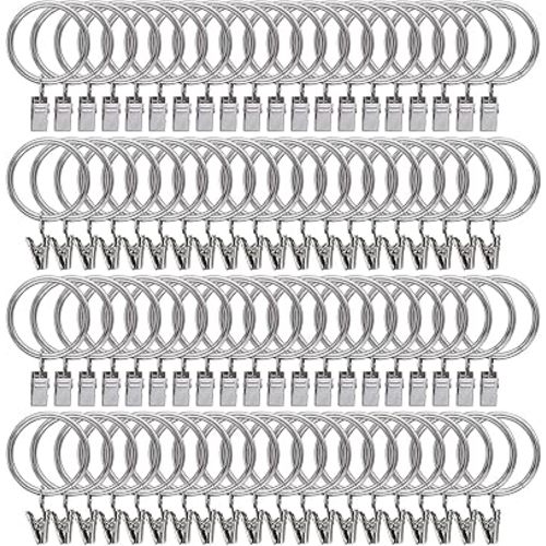 Curtain Rings with Clips Hooks, 100Pcs 1 inch Metal Stainless Steel Drapery Rings Hanger Clips for Tension Rod Bracket Eyelets Decorative Hangers, Silver (1" Interior Diameter)