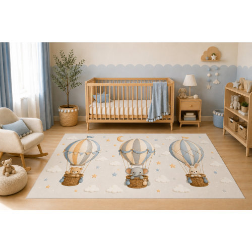 Trinx "Ultra Lightweight" 5'x7' Hot Air Balloon Animal Nursery Area Rug, Cute Bear Elephant Bunny Kids Bedroom Playroom Decor, Non-Slip Silicone Backing Low Pile Carpet | Wayfair