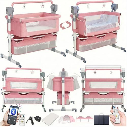 Electric Bluetooth Smart Baby Bedside Crib, Bassinet for Co-Sleeping, Infant Bedside Sleeper Cot, Foldable Baby Bassinet Crib with Remote Control, Music and 5 Swaying Gears (601 Pink)