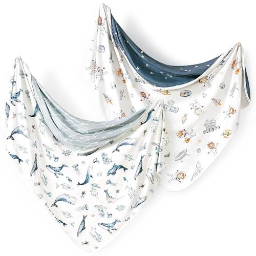 Reversible Baby Swaddle Blankets 2 Pack, Super Soft Jersey Knit Baby Quilt Blanket for Baby Boys, Stretchy Breathable Receiving Blankets 34 x 44 Extra Large for Swaddling, Sea Fish & Space