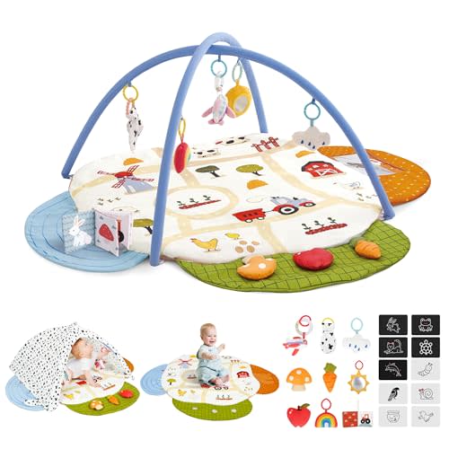 Baby Gym Play Mat, 4-in-1 Tummy Time Mat & Farm-Themed Activity Gym | Baby Play Gym with Play Space Cover & 9 Sensory Toys, Baby Activity Center & Playmats for Babies 0-6 6-12 Months