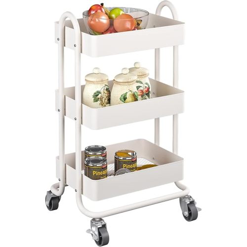 3-Tier Rolling Cart,Metal Rolling Utility Cart with Handle,Steel Multifunction Carts with Wheels,Kitchen Storage Carts Suitable for Office,Home,Kitchen,Garden（13.4"x18.1"x31"） White