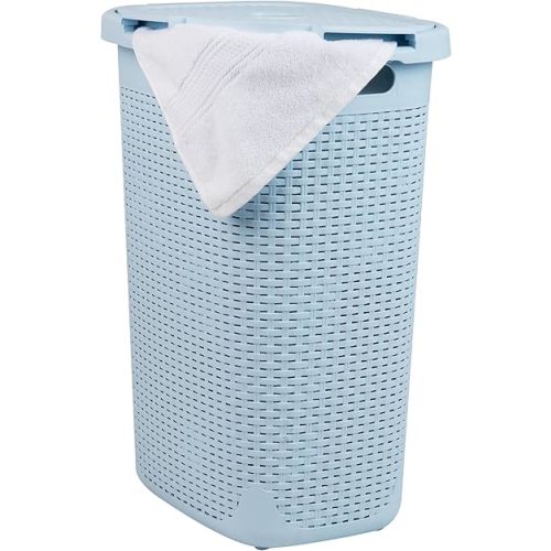 Mind Reader Slim Laundry Hamper with Lid, 60L Clothes Basket, Premium Wicker Design, Plastic, Baby Blue