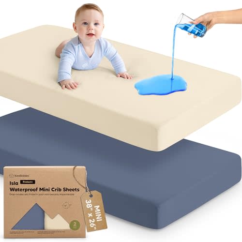 2-Pack Waterproof Pack and Play Sheets, Mini Crib Sheets Fitted (Maritime) | 38x26 Pack N Play Mattress Sheets, Soft Viscose from Bamboo, Gender Neutral Boy Girl, Toddler Playard, Mini Baby Crib Sheets