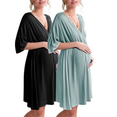 Ekouaer 3 in 1 Labor/Delivery/Hospital Gown Maternity Dress Nursing Nightgown Sleepwear for Breastfeeding - 1&2 Pack Black/Celadon Green M