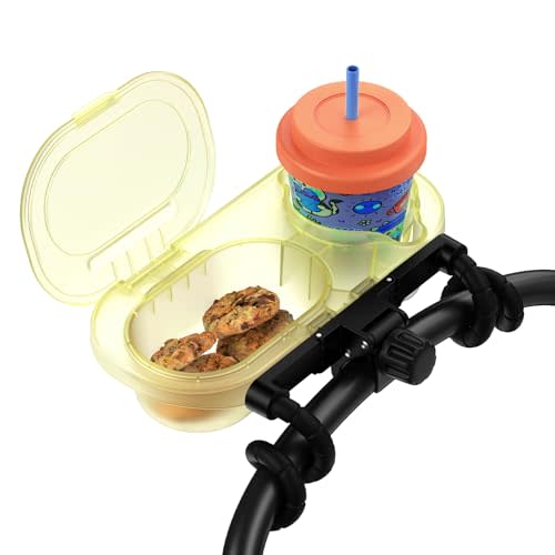 Universal Stroller Snack Tray: Cup Holder Tray with Silicone Flexible Arms Grip Stroller Tray with Dust Cover- Stroller Tray Attachment with Cups Holder for Baby & Toddler Stroller Accessories, Yellow
