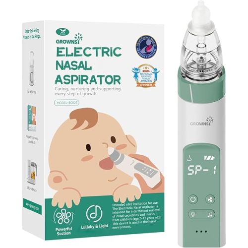 GROWNSY Nasal Aspirator for Baby, Electric Nose Aspirator for Toddler, Baby Nose Sucker, Automatic Nose Cleaner with 3 Silicone Tips, Adjustable Suctions, Music and Light Soothing Function (Green)