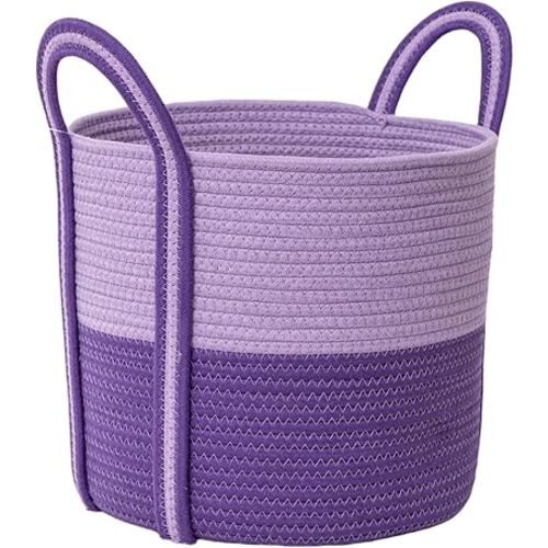 Purple Laundry Basket for kids with Handles, 40L Woven Collapsible Cotton Rope Storage Hamper for Nursery, Bedroom & Laundry Room - Basket for Clothes, Toys& Blankets (Purple)