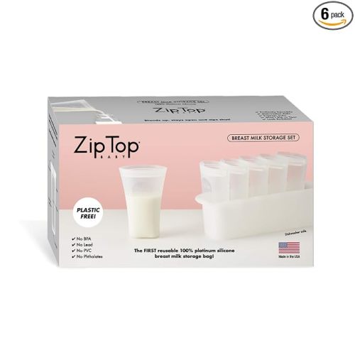 Zip Top Reusable 100% Platinum Silicone Breast Milk Storage, Made in the USA - Bag Set of 6 + Freezer Tray