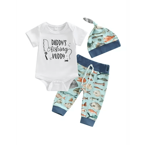 Suagox Newborn Three-Piece Outfits, Letter Print Short Sleeve Romper + Colorful Fishes Patchwork Drawstring Trousers + Knotted Hat,0-12 Months