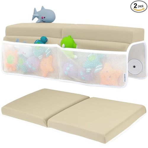 Comfortable Baby Bath Kneeler and Elbow Rest Pad Set – Thick Memory Foam Bath Kneeling Pad with Elbow Support – Baby Bathtub Cushion with Toy Organizer for Bathing Infant or Toddler - Beige