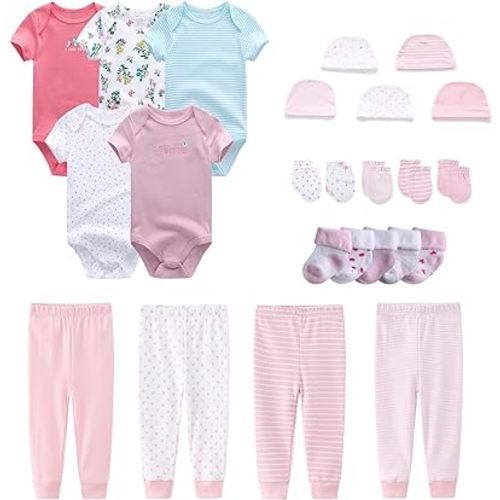 MAMIMAKA Newborn Layette Gift Set Bodysuits Pants for Baby Girl and Boy 24 Piece 100% Cotton Essentials and Accessories