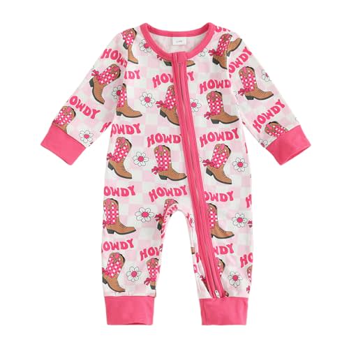 BULINGNA Western Baby Girl Fall Clothes Cowgirl Boot Floral Print Boot Romper Zipper One Piece Jumpsuit Cute Newborn Outfits