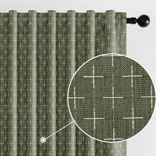 MIULEE Decorative Back Tab Linen Curtains with Geometric Pattern for Living Room Bedroom Farmhouse Rustic Thick Woven Textured Patterned Mudcloth Drapes 72 Inches Long 2 Panels Set, Olive Green