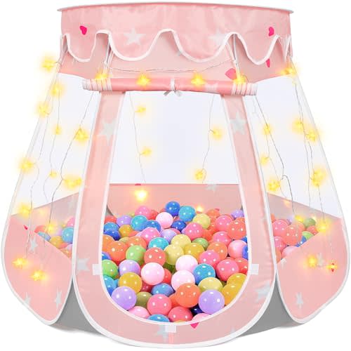 Pop Up Princess Tent with Star Light, Toys for 1 2 3 Year Old Girl Birthday Gift, Ball Pit for 12-18 Months Baby Girl Toys, Toddler Gifts, Easy to Pop Up and Assemble (Pink Gray)