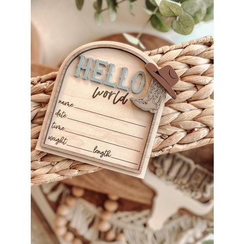 Hello World, Cowboy Baby Birth Stats Board, Western, Name Announcement, Birth Announcement, Name Sign, Baby Name Sign, Baby Prop, Country