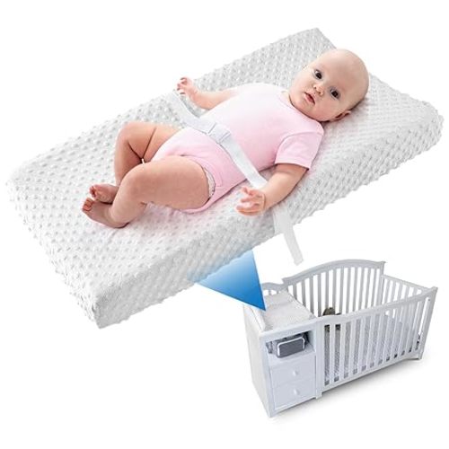 Changing Pad for Combo Crib with Changing Table-Waterproof & Hypoallergenic, Safety Strap with Quick-Release Buckle-White