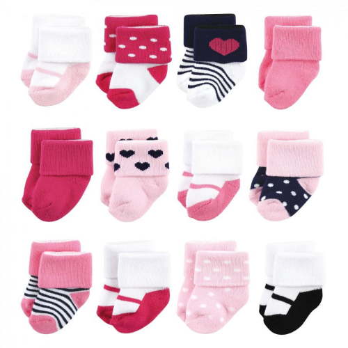 Luvable Friends Baby Girl Newborn and Baby Terry Socks, Pink Mary Janes 12-Pack, 0-6 Months
