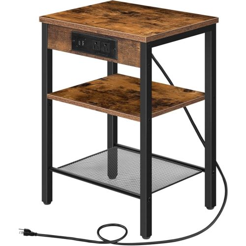 HOOBRO Side Table with Charging Station and USB Port, Small End Table for Small Space, 3-Tier Nightstand with Adjustable Shelf, for Living Room, Bedroom, Rustic Brown BF112BZ01