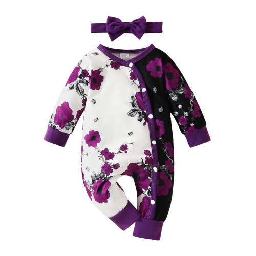 Qopobobo Baby Girl Clothes Newborn Newborn Baby Girl Outfit Little Sister Romper Ruffle Floral Long Sleeve Jumpsuit Preemie Baby Essentials Clothes Set Purple,0-3 Months