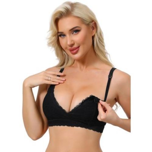 INSPIRE CHIC Nursing Bras for Women Lace Breastfeeding Wireless Soft Cup Pregnancy Crossover Plunge Maternity Bra Medium Black