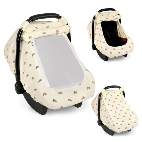 Hooyax Muslin Car Seat Cover Baby - Breathable and Privacy Car Seat Canopy with 3 Modes - Easy Install & Gift Box Packaging, Universal Fit for Infant Car Seats, Rainbow