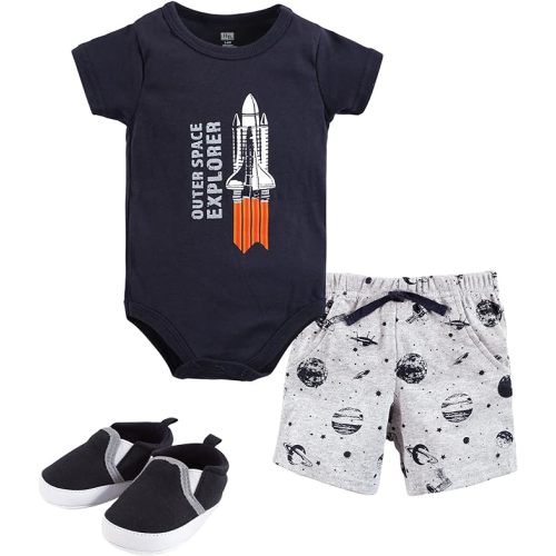 Hudson Baby Unisex Baby Cotton Bodysuit, Shorts and Shoe Set