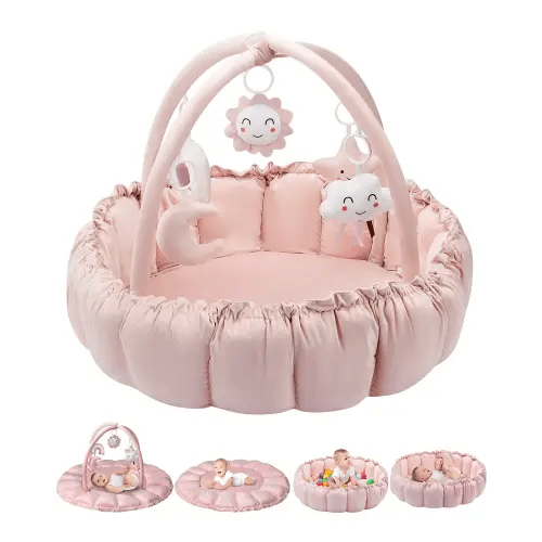 5-in-1 Convertible Baby Gym Play Mat with Hanging Toys, Soft Padded Baby Lounger & Ball Pit, Plush Tummy Time Mat for Newborns to Toddlers, Machine Washable, Gray/pink - TikTok Shop