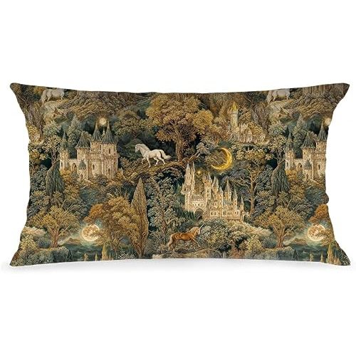 Medieval Vintage Enchanted Forest Pillow Cover 12x20 Double-Sided, Whimsical Celestial Witchy Forest Castle Decorative Lumbar Throw Pillow Cover Pillowcase for Home Kids Room Nursery