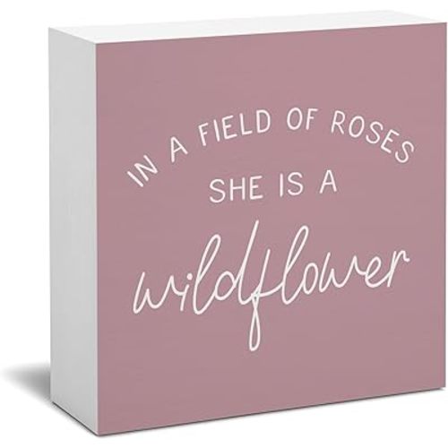 Girls Room Nursery Decor - Wildflower Inspirational Pink Woodne Sign,Baby Shower Party Decoration Shelf Wall Decor,In a Field of Roses She is a Wildflower Gifts for Little Toddler Girls 5x5