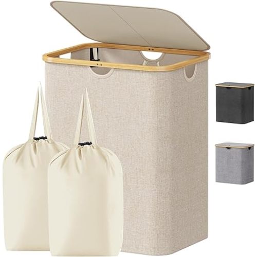 Lifewit 110L Laundry Basket with Lid, Clothes Hampers for Laundry with Bamboo Handles and 1 Removable Bag, Large Foldable Laundry Hamper for Bedroom, Bathroom, Dorm, Laundry Room, Beige