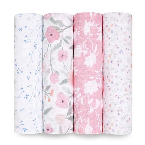 aden + anais Boutique Muslin Swaddle Blanket for Baby Girls and Boys, Newborn Receiving Blanket for Swaddling, 100% Muslin Cotton Swaddle Wrap, 4 Pack, Mon Fleur